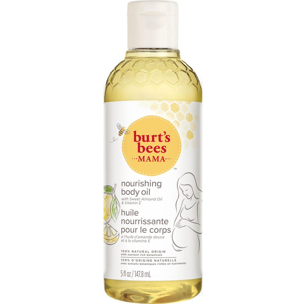 Burt's Bees Mama Nährendes Körperöl – durchsichtige Flasche 147,8 ml, weißer Deckel, weißer Hintergrund – Hautpflege