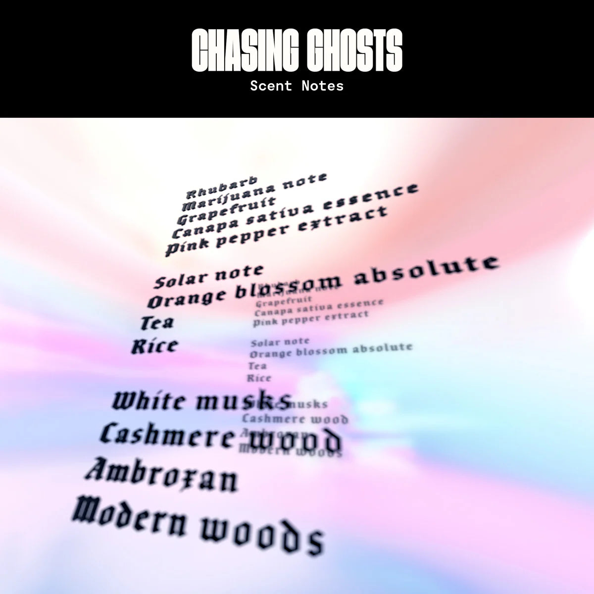 Chasing Ghosts Parfum – scent notes on pastel background with black header – perfume