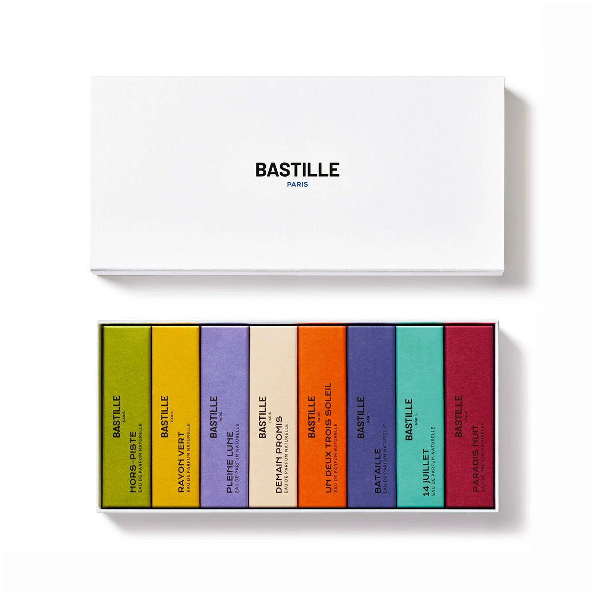 Bastille Discovery Set – weiße Geschenkbox mit 8 farbigen Parfümminiaturen, weißer Hintergrund – Parfüm