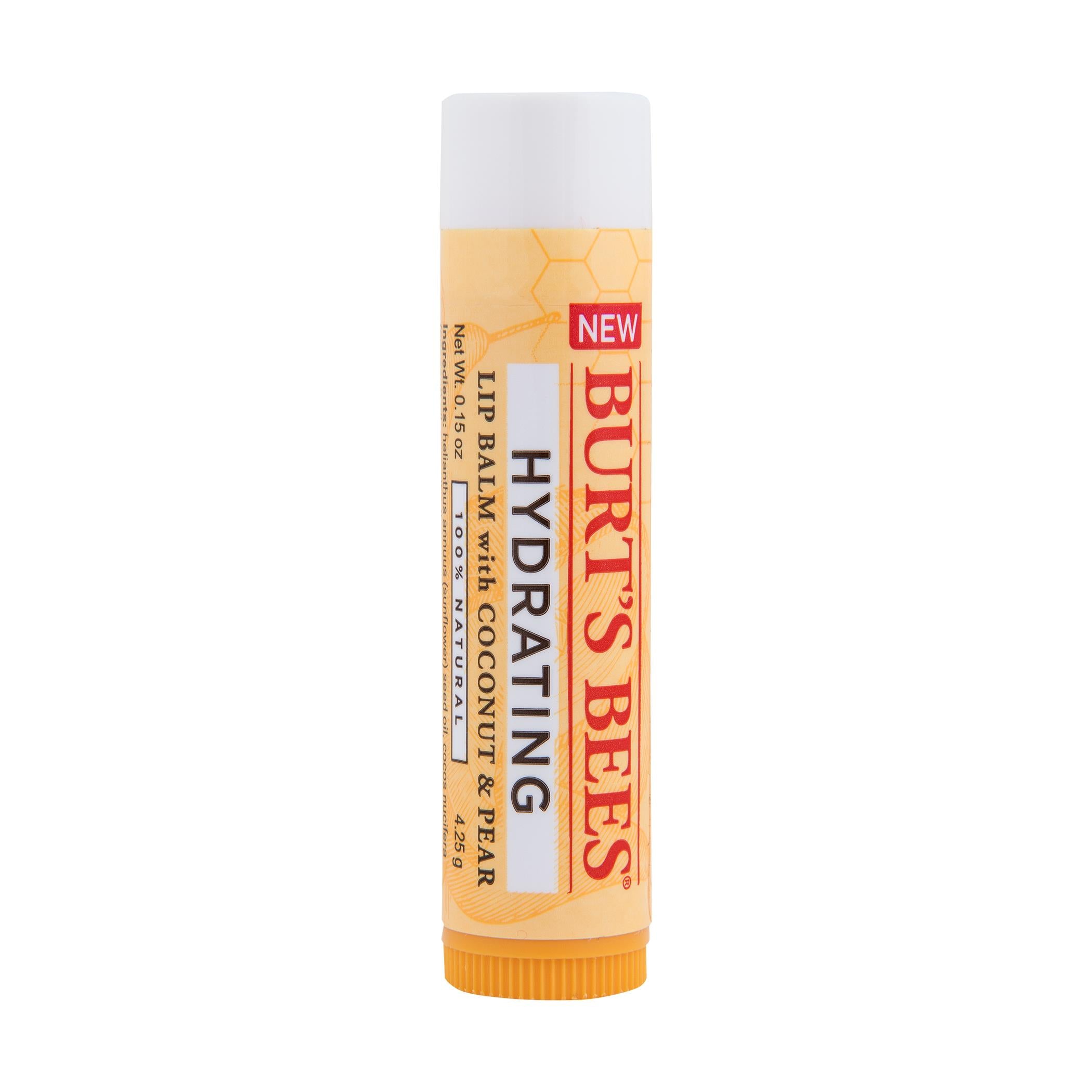Burt’s Bees Hydrating Lip Balm Kokosnuss & Birne – orangefarbener Stift, weißer Deckel, 4,25 g, weißer Hintergrund – Lippenpflege