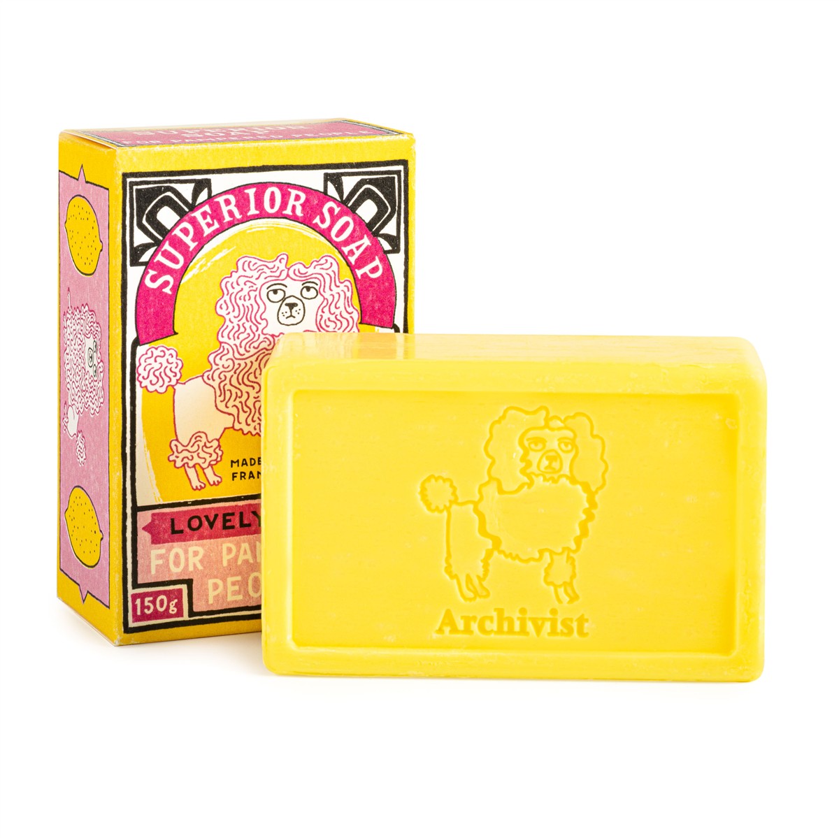 Archivist Lovely Lemon Hand Soap – gelbe Seife 150g mit Pudel-Relief, gelb-pink Verpackung, weißer Hintergrund – Hautpflege