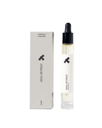 Soul Retreat Perfume Oil – clear glass bottle with dropper, white label, black cap, white background – perfume