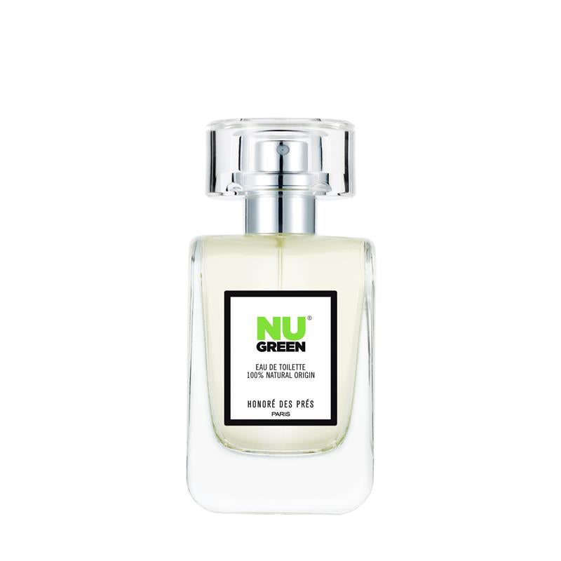 NU GREEN Eau de Toilette Spray – klares Glasfläschchen, silberner Zerstäuber, weißer Hintergrund – Parfüm