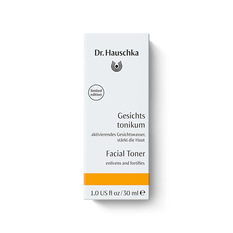 Dr. Hauschka Gesichtstonikum klärend – 30 ml, weißes Karton mit orangem Streifen, weißer Hintergrund – Hautpflege