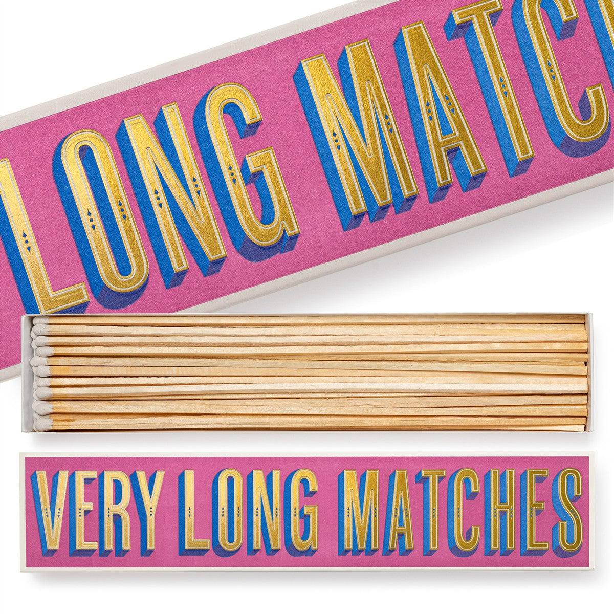 Very Long Matches – rosa Kartonbox mit golden-blauer Schrift, weißer Hintergrund – Dekoartikel