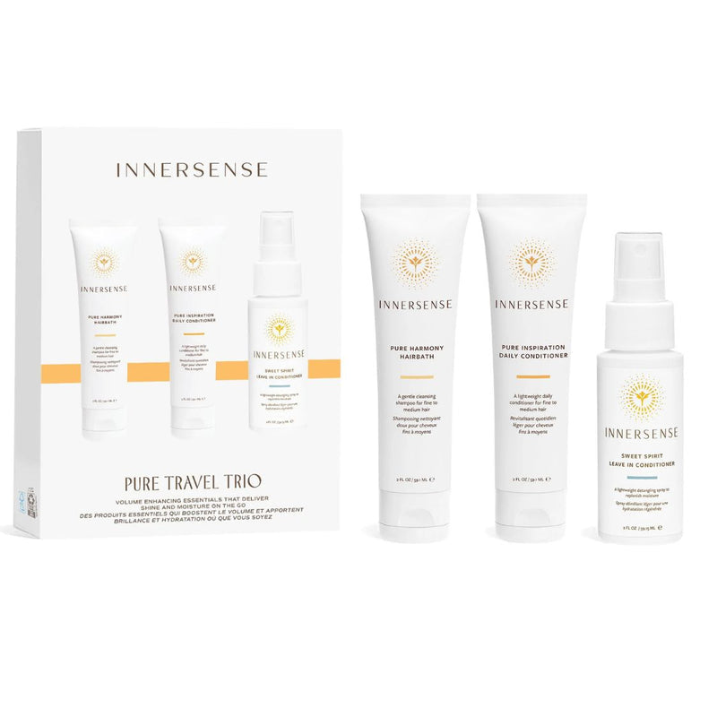 Innersense Pure Travel Trio – weiße Tubes und Sprayflasche, 3 fl oz, weißer Hintergrund – Haarpflege