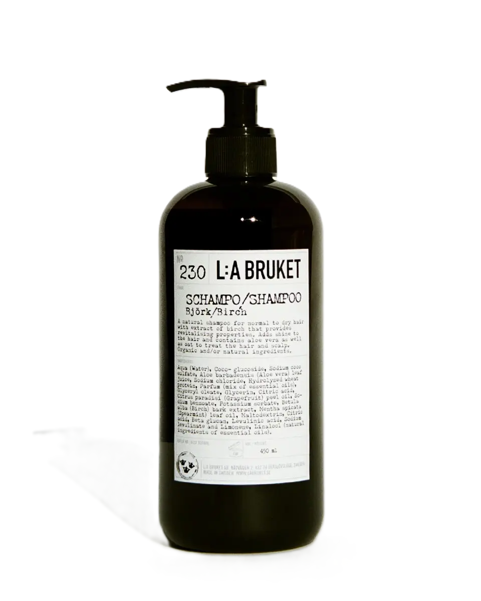 L:A BRUKET No. 230 Shampoo Birke – schwarze Flasche 450 ml mit Pumpverschluss, weißer Hintergrund – Haarpflege