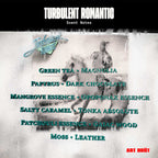 Turbulent Romantic Parfum – scent notes infographic with horse motif, dark background – perfume