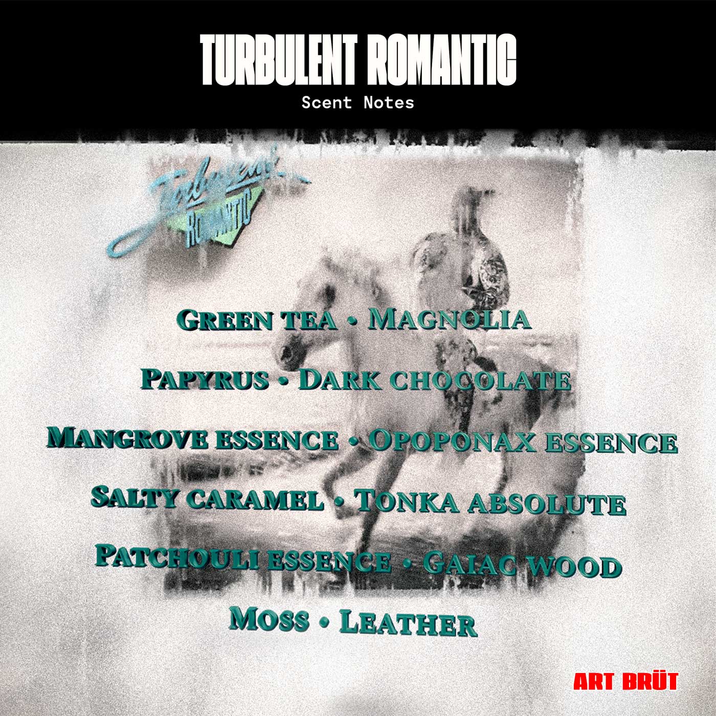 Turbulent Romantic Parfum – Duftnoten-Infografik mit Pferdemotiv, grün-schwarz-weiß, ART BRÜT – Parfüm