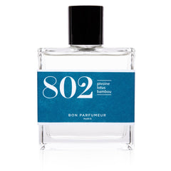 802 Peony Parfüm – klares Glasflakon 100ml, schwarzer Deckel, weißer Hintergrund – Parfüm