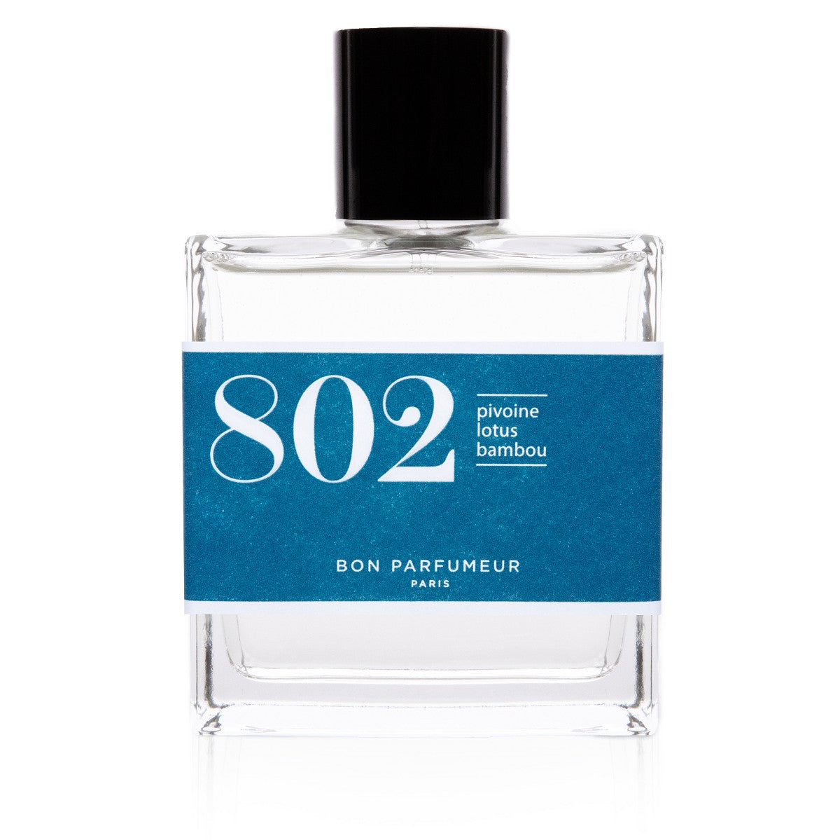 802 Peony Parfüm – klares Glasflakon 100ml, schwarzer Deckel, weißer Hintergrund – Parfüm