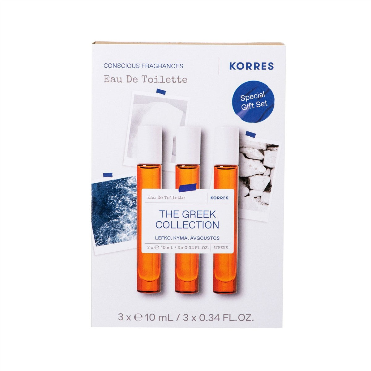 KORRES The Greek Collection Eau de Toilette – 3 x 10ml spray bottles, orange, white background – perfume