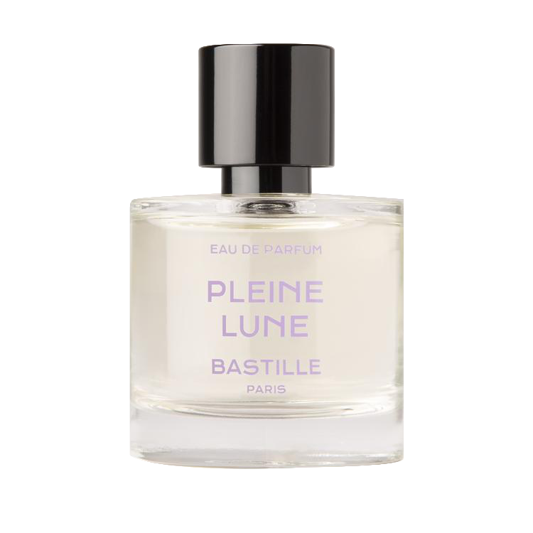 Pleine Lune Eau de Parfum – klares Glasflakon mit schwarzem Deckel, lila Schrift, weißem Hintergrund – Parfüm