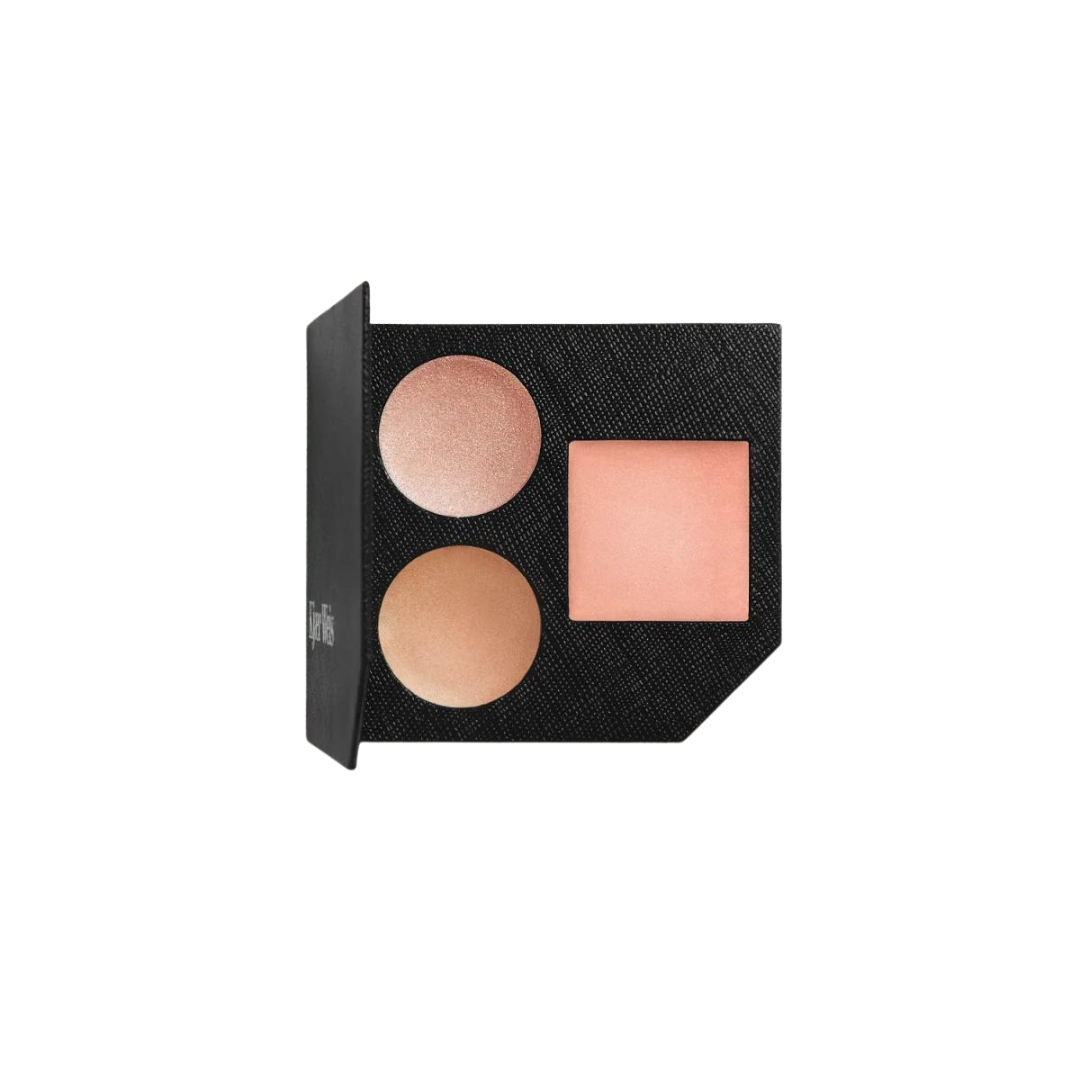 Signature Glow Palette – schwarzes Puderdöschen mit roségoldenen und pfirsichfarbenen Highlights, weißer Hintergrund – Make-up