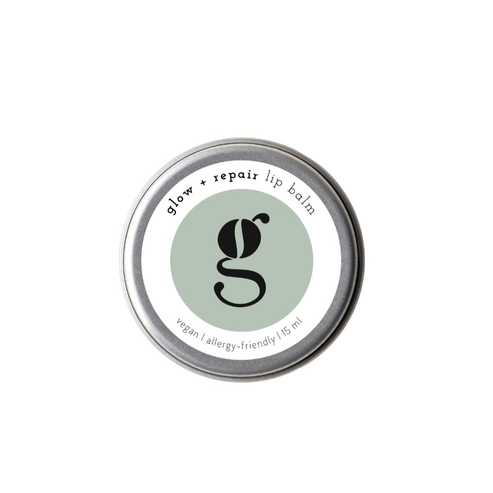 Glow + Repair Lip Balm – silberner Metallbehälter 15ml, mintgrünes Etikett, weißer Hintergrund – Lippenpflege