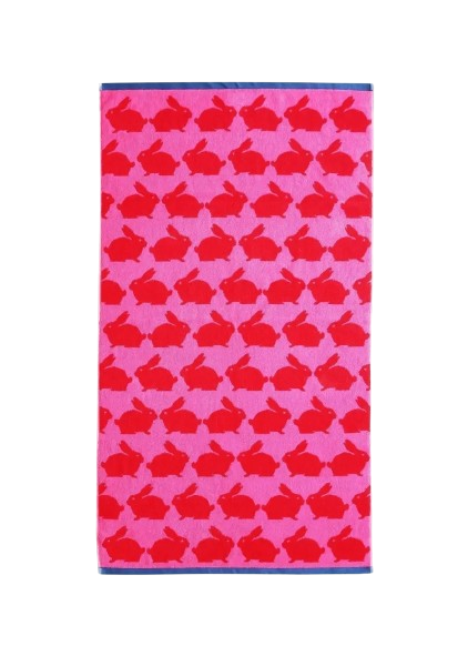 Kissing Rabbits Organic Cotton Badetuch – pink mit roten Hasen, blauer Rand, weißer Hintergrund – Badetücher