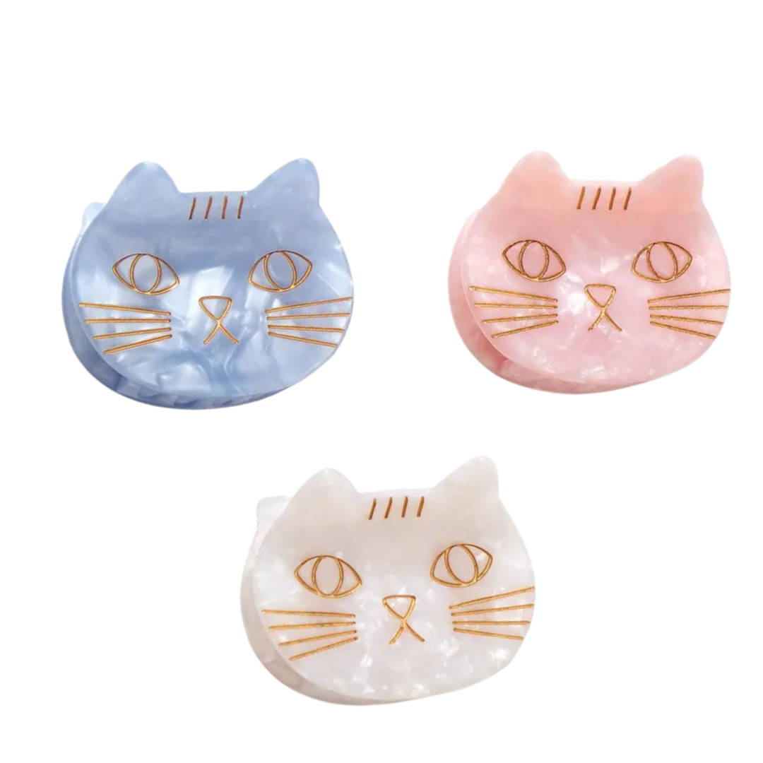 Saltwater Kitty Cat Blue Hair Clip – cat-shaped hair clip with gold accents, white background – hair styling