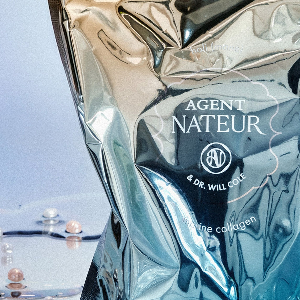 Silberner Beutel von Agent Nateur & Dr. Will Cole Holi(mane) Marine Collagen für die Hautpflege.