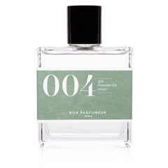 Bon Parfumeur 004 Gin Mandarine Musc durchsichtige Glasflasche mit schwarzem Verschluss auf weißem Grund, Parfüm