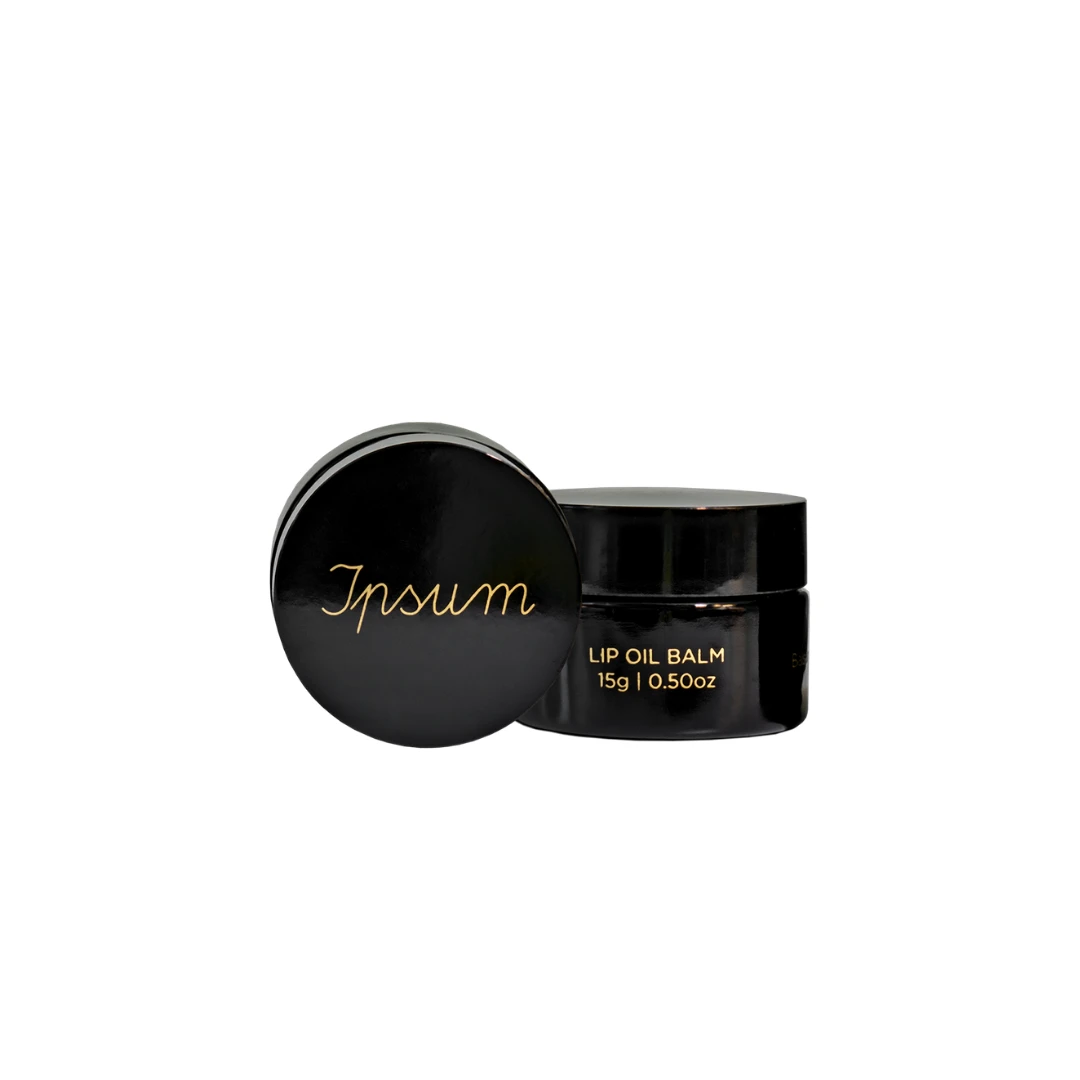 Ipsum Lip Oil Balm – schwarzer Glastiegel 15g, goldener Schriftzug, weißer Hintergrund – Lippenpflege
