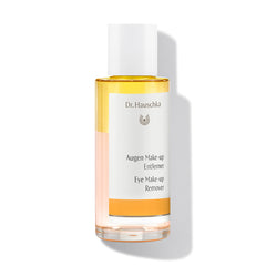Dr. Hauschka Augen Make-up Entferner – durchsichtige Flasche mit weißem Deckel, orangefarbenem Etikett, weißem Hintergrund – Augenpflege