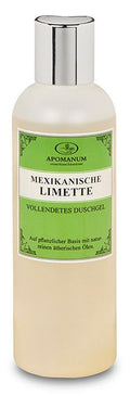 Apomanum Mexikanische Limette Duschgel – cremefarbene Flasche mit silbernem Deckel, grünes Etikett, weißer Hintergrund – Hautpflege