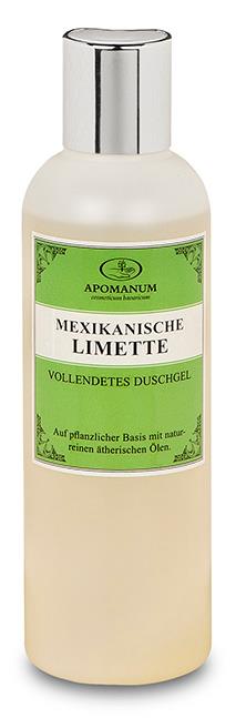 Apomanum Mexikanische Limette Duschgel – cremefarbene Flasche mit silbernem Deckel, grünes Etikett, weißer Hintergrund – Hautpflege