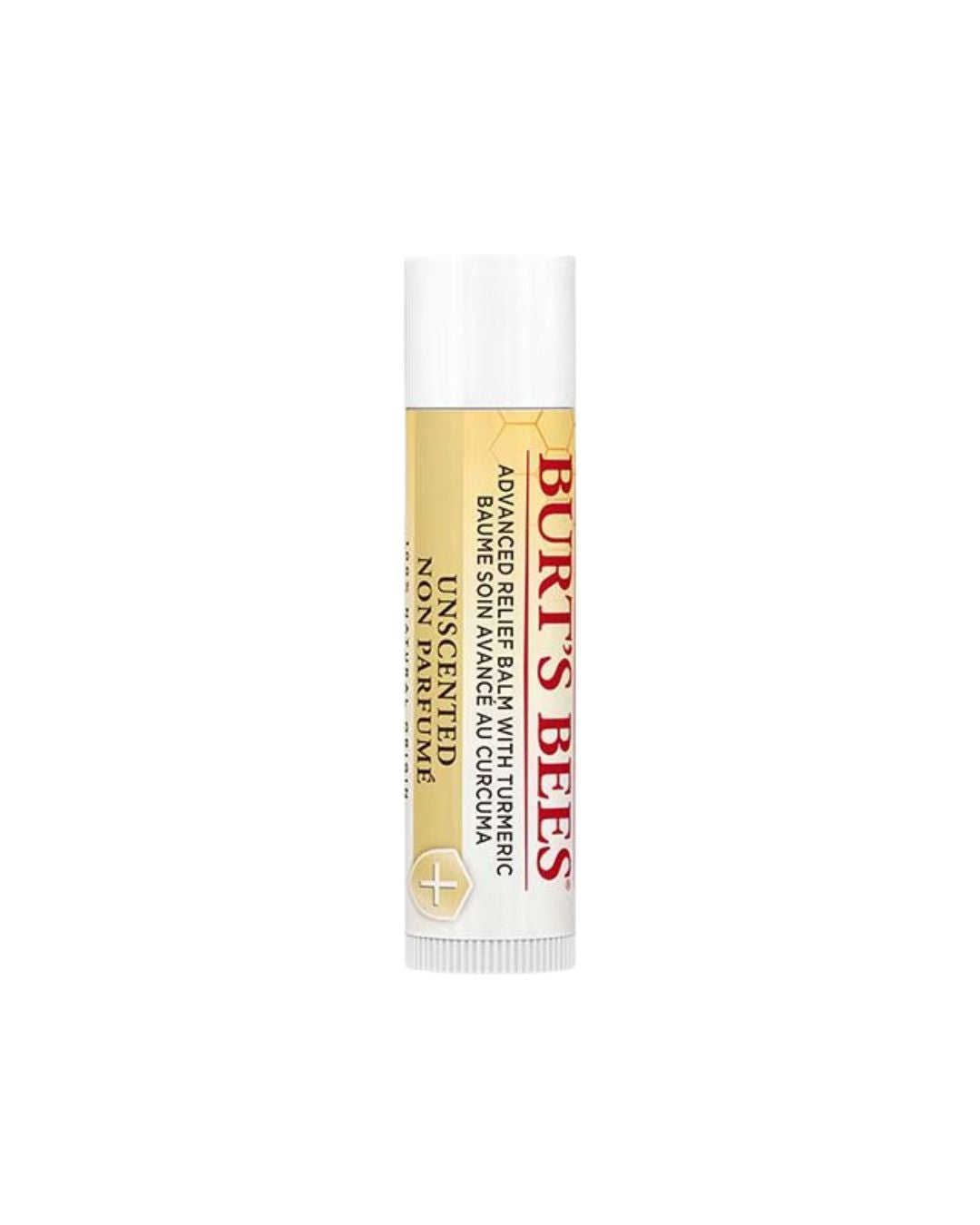 Burt's Bees Lippenbalsam unparfümiert – gelbe Tube mit weißem Deckel, weißem Hintergrund – Lippenpflege