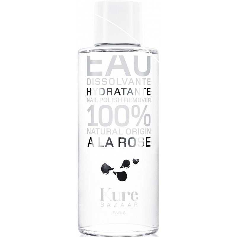 Kure Bazaar Eau Dissolvante Hydratante À La Rose – klares Glasfläschchen, weißer Deckel, weißer Hintergrund – Nagelpflege
