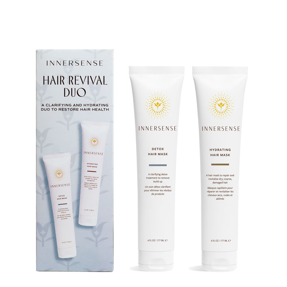 INNERSSENSE Hair Revival Duo – weiße Tubes 177ml, weißer Verschluss, hellblauer Hintergrund – Haarpflege