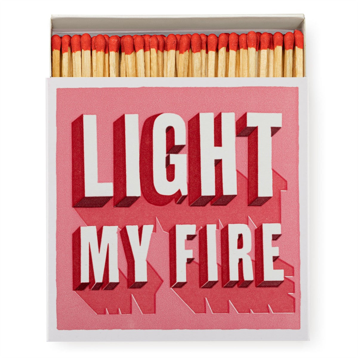 Light My Fire Streichholzschachtel – rosa Verpackung mit weißem Schriftzug, rote Köpfe, weißer Hintergrund – Geschenkidee