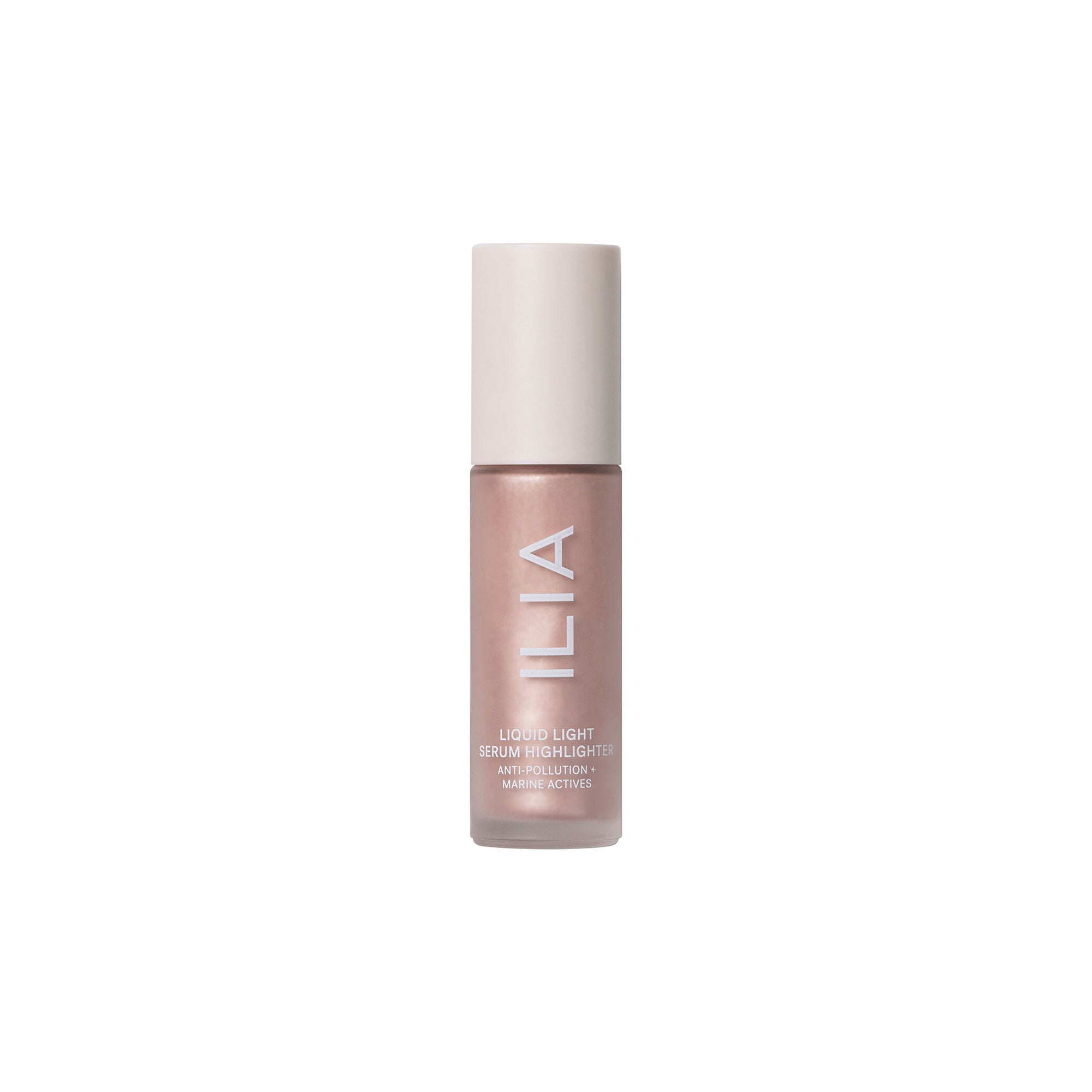 ILIA Liquid Light Serum Highlighter – roségoldene Flasche mit weißem Deckel, weißer Hintergrund – Gesichtshighlighter