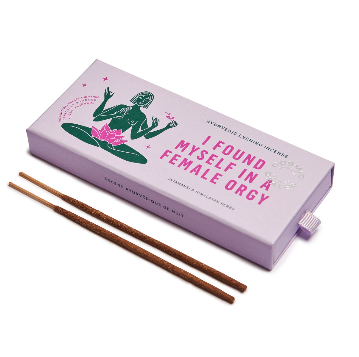 Take Me to the Yoga Shala Räucherstäbchen – lila Kartonbox mit grünem Lotus-Motiv, weißer Hintergrund – Wellness