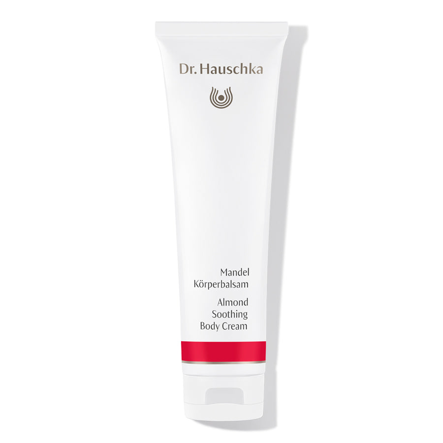 Dr. Hauschka Mandel Körperbalsam – weiße Tube mit rotem Streifen, weißem Deckel, weißem Hintergrund – Körperpflege