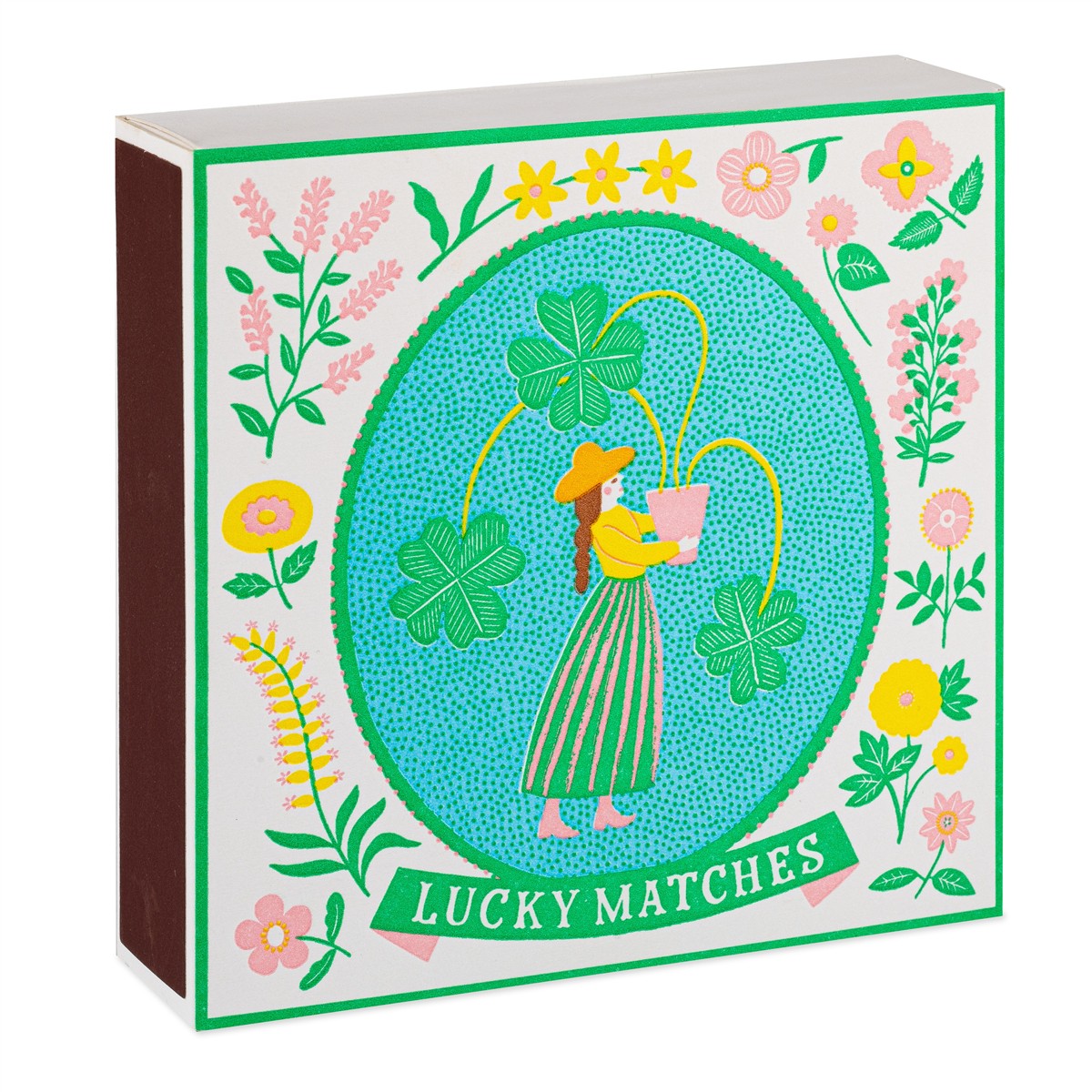 Lucky Matches – square box with floral illustration, green border, white background – decor