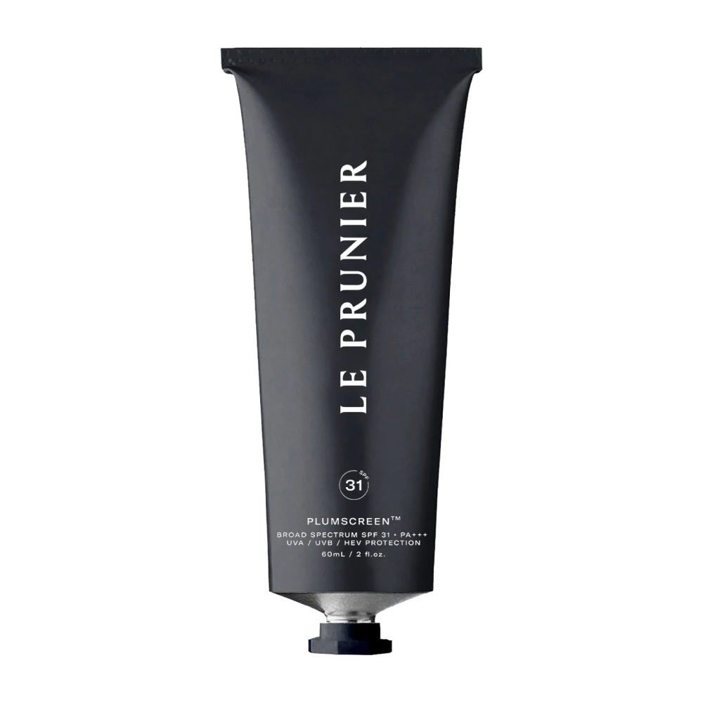 Le Prunier Plumscreen SPF 31 – schwarze Tube 60ml, schwarzer Verschluss, weißer Hintergrund – Sonnenschutz