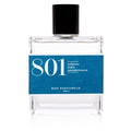 801 Sea Spray von Bon Parfumeur – klares Glasfläschchen mit blauem Etikett, schwarzer Kappe, weißem Hintergrund – Haarpflege