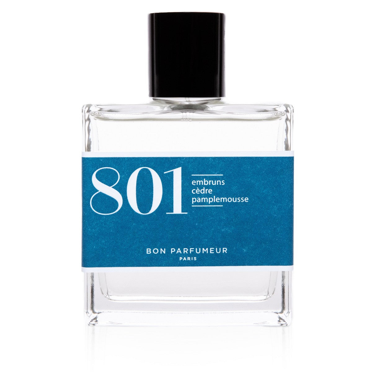 801 Sea Spray von Bon Parfumeur – klares Glasfläschchen mit blauem Etikett, schwarzer Kappe, weißem Hintergrund – Haarpflege