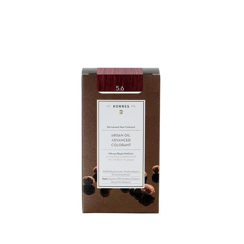 KORRES Arganöl Permanent Haarfarbe 5.6 – braune Kartonverpackung, weißer Hintergrund – Haarpflege