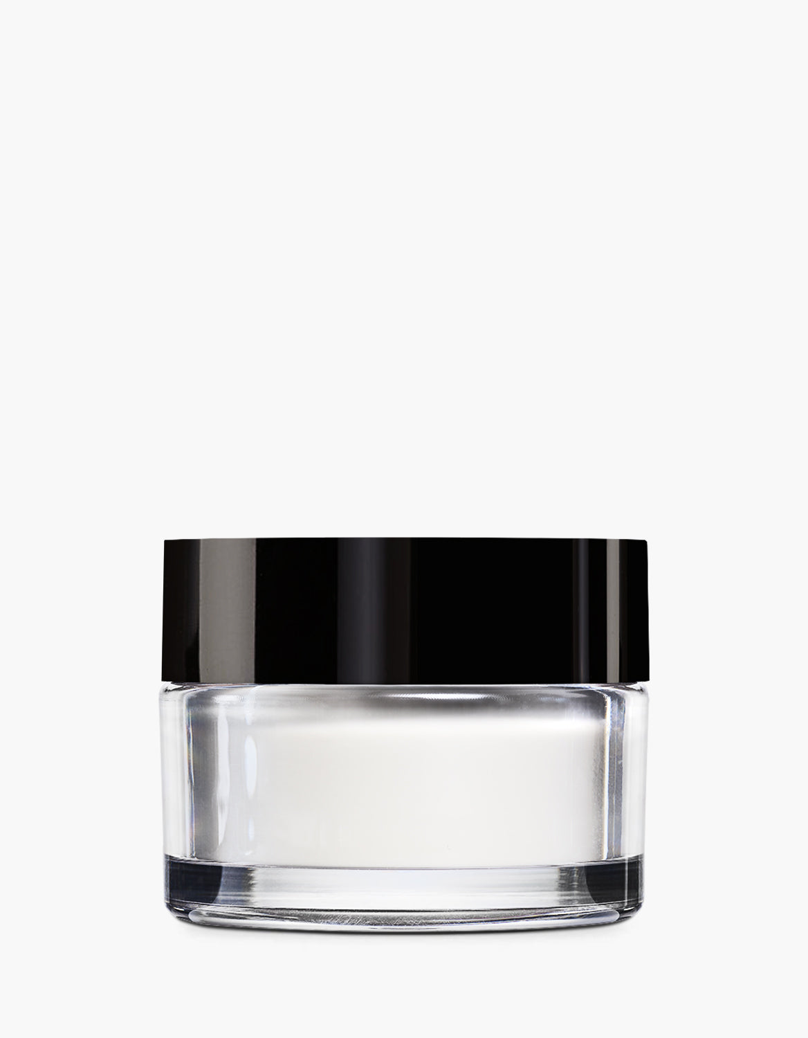 Silk Finish Powder Translucent – durchsichtiger Glasbehälter mit schwarzem Deckel, weißer Hintergrund – Make-up