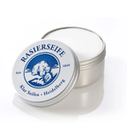 Rasierseife Sport – silberne Metalldose mit blauem Etikett, weißer Rasierseife, weißem Hintergrund – Rasurpflege