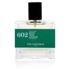 Bon Parfumeur 602 Pepper – klares Glasfläschchen 30ml, schwarzer Verschluss, grünes Etikett, weißer Hintergrund – Parfüm