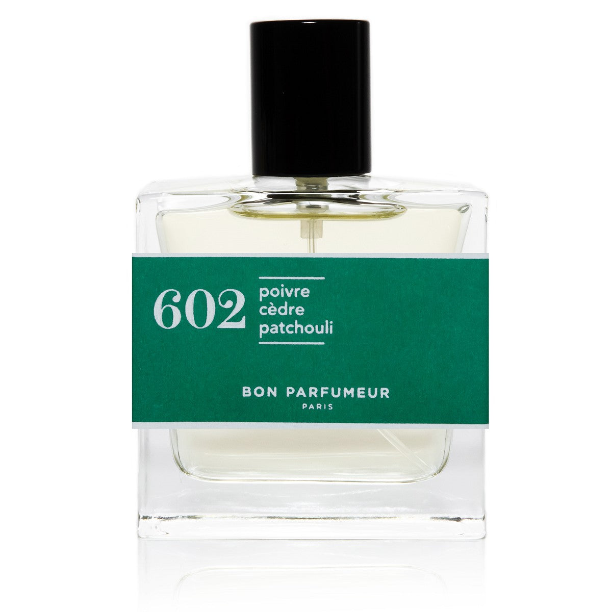Bon Parfumeur 602 Pepper – klares Glasfläschchen 30ml, schwarzer Verschluss, grünes Etikett, weißer Hintergrund – Parfüm