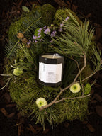 [atype] Duftkerze Green Juniper – schwarzer Kerzenbehälter 130g, weißes Etikett, Moos- und Nadelzweige im Hintergrund – Aromatherapie