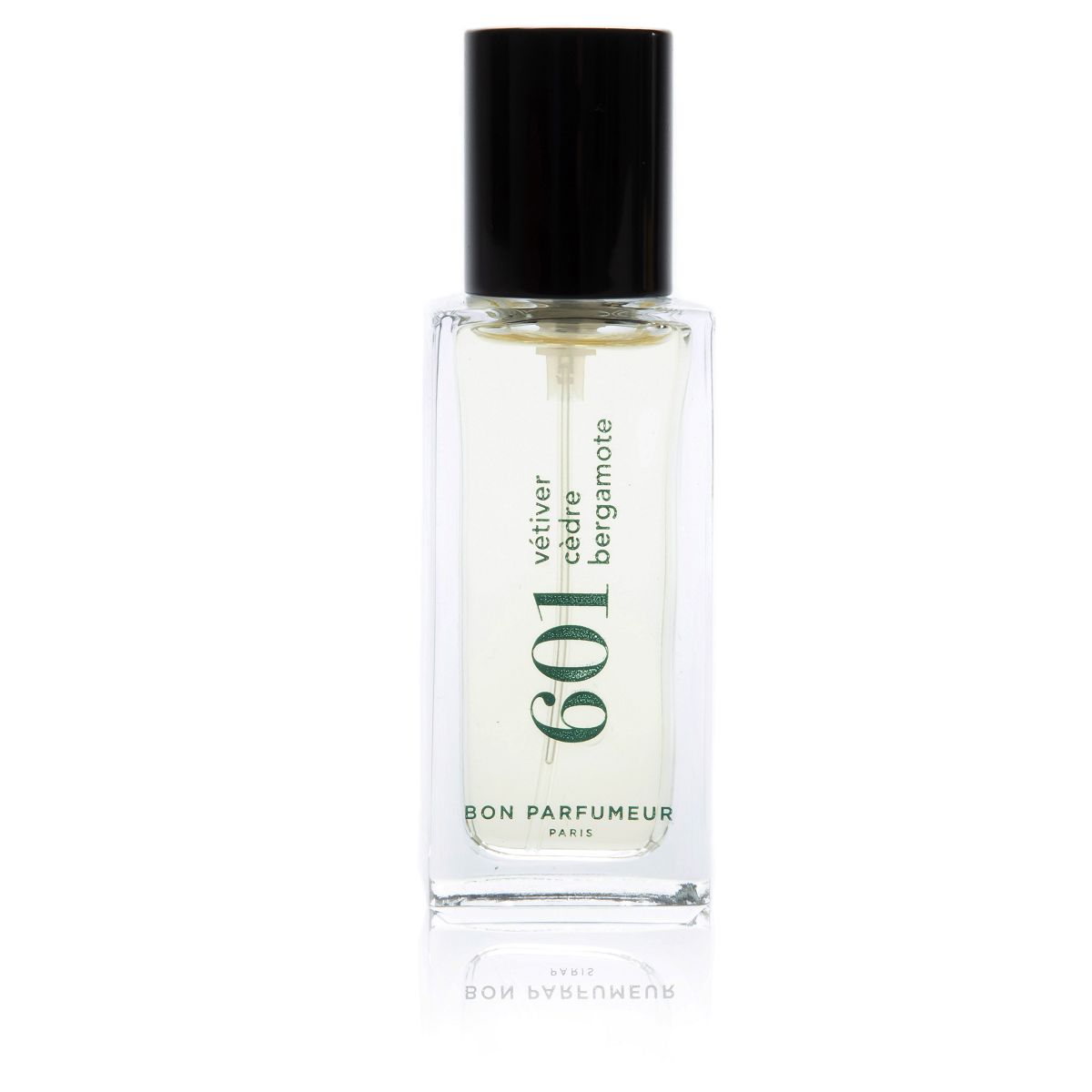 Bon Parfumeur 601 Vetiver – klares Glasfläschchen mit schwarzem Verschluss, weißem Hintergrund – Parfüm