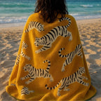Tigers Organic Cotton Beach Towel – yellow with tiger print, beach background – beach towel