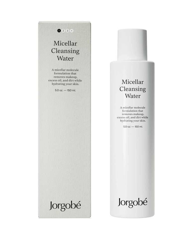 Jorgobé Micellar Cleansing Water – weißes Fläschchen 150ml, weißer Deckel, weißer Hintergrund – Hautpflege