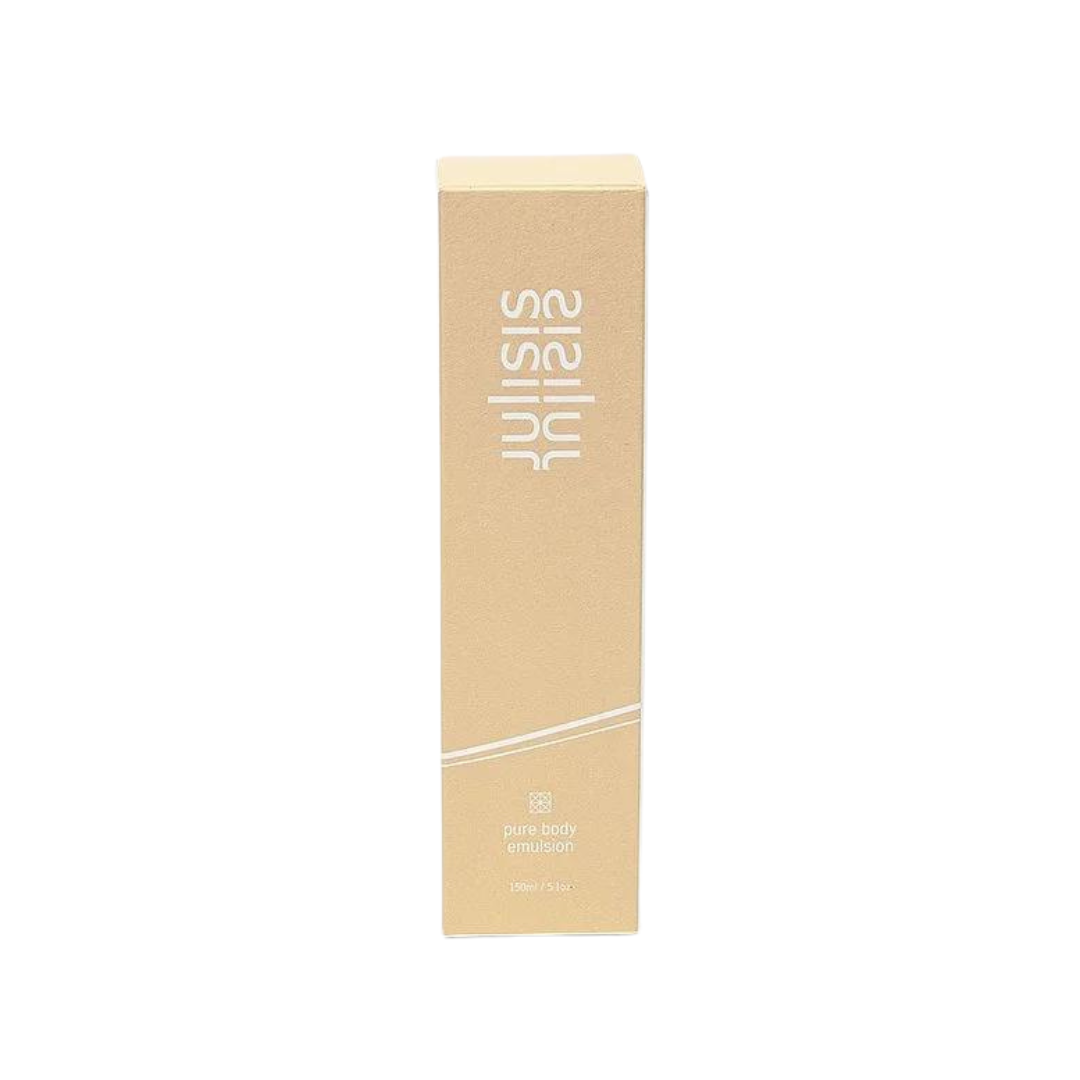Julisis Pure Body Emulsion – beige Kartonverpackung 150ml, weißer Hintergrund – Körperpflege