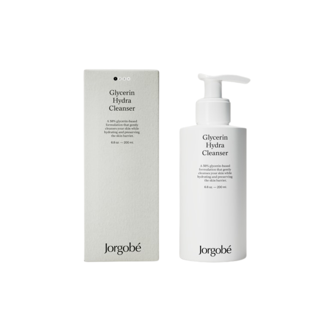 Jorgobé Glycerin Hydra Cleanser – weißes Pumpfläschchen 200ml, grauer Karton, weißer Hintergrund – Hautpflege