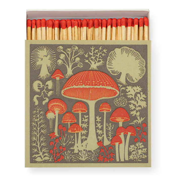 Pilz-Matchbox mit roten Streichhölzern, braun-grüner Hintergrund, Illustration – Dekoartikel